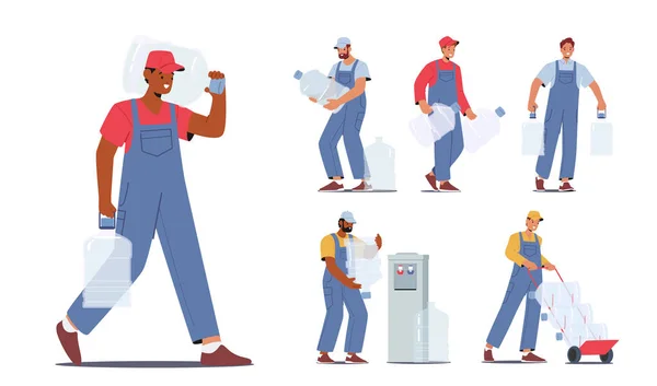 Arbeiter Männlichen Charakteren Liefern Frisches Wasser Mit Einem Lieferwagen Oder — Stockvektor