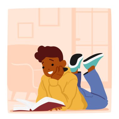 Yerde yatan, kendini bir kitaba kaptırmış bir çocuk. Gözleri odaklanmış, parmakları sayfalar üzerinde, kelimeler ve hayaller dünyasında kaybolmuş. Chatacter Yedek Zaman Gevşeme. Çizgi film İnsanları Vektör İllüstrasyonu