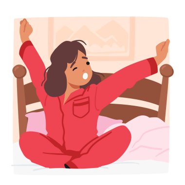 Küçük kız uyanır, kollarını uzatır ve yatağında oturur. Çocuk karakteri uyanıyor, gözleri açık, sabah güneşinin yumuşak parıltısıyla karşılanıyor. Çizgi film İnsanları Vektör İllüstrasyonu