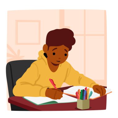 Ödevini özenle masasında bitirmeye odaklanmış okul çocuğu karakteri, ders kitaplarıyla çevrili, ve kararlı bir ifade, bilgi arayışı ve akademik başarı. Çizgi film İnsanları Vektör İllüstrasyonu