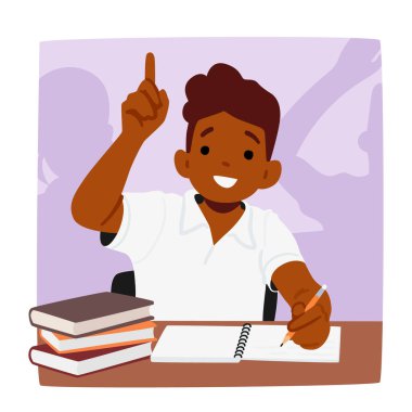 Sınıfta, Öğrenci Karakteri hevesle elini kaldırır, öğretmene bir soru sormak ya da katkıda bulunmak, derse aktif katılım göstermek için ilgi bekler. Çizgi film Vektör İllüstrasyonu