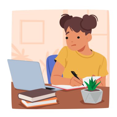 Odaklanmış Kız Karakteri ödevini özenle dizüstü bilgisayar, kitap ve kağıtlarla tamamlıyor. Hedeflerine ulaşmak için çalışırken yüzündeki ifadeye odaklanma belirtisi gösteriyor. Çizgi film İnsanları Vektör İllüstrasyonu