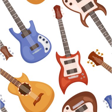 Dinamik Kusursuz Şablon Özellikli Tasarlanmış Gitarlar, Müzikten İlham Alınan Projeler İçin Uyumlu ve Ritmik Görsel Kompozisyon Oluşturuyor. Çizgi film Vektör İllüstrasyonu, Döşeme