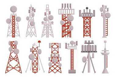 Radyo kuleleri hazır. Uzun Metal Yapılar Radyo Sinyalleri gönderiyor. Yayın ve iletişim için antenleri destekliyor, şehirlerarası iletişimi sağlıyor. Çizgi film Vektör İllüstrasyonu