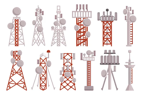 Радиовышки Готовы Высокие Металлические Структуры Передают Радиосигналы Поддерживает Антенны Вещания — стоковый вектор