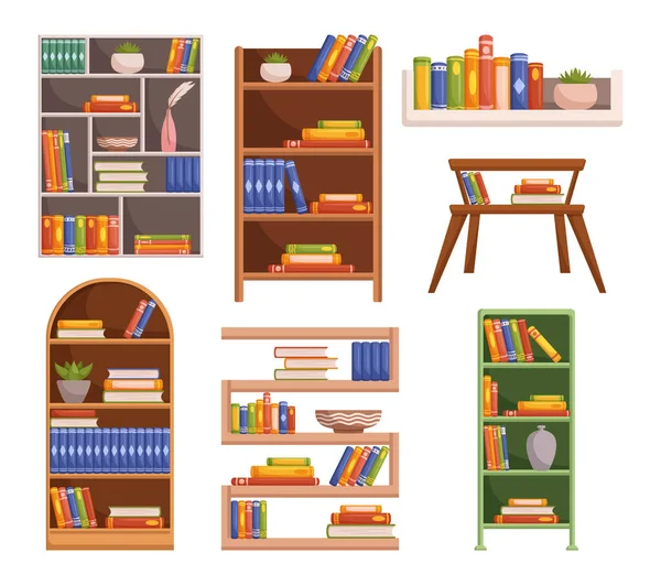 Изолированные Книжные Шкафы Полки Украшенные Разнообразной Коллекцией Книг Предлагают Литературное — стоковый вектор