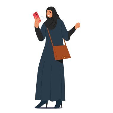 Hüsrana uğramış Arap Müslüman İş kadını Karakteri, telefonda konuşurken gergin ifadesi, hararetli Konuşmasını ve Duygularını yansıtıyor. Çizgi film İnsanları Vektör İllüstrasyonu