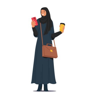 Modern Arap Müslüman İş kadını Karakteri başörtüsü takıyor, aynı anda birden fazla iş yapıyor, elinde kahve fincanı ve akıllı telefon tutuyor. Geleneği teknolojiyle dengelemek. Çizgi film İnsanları Vektör İllüstrasyonu