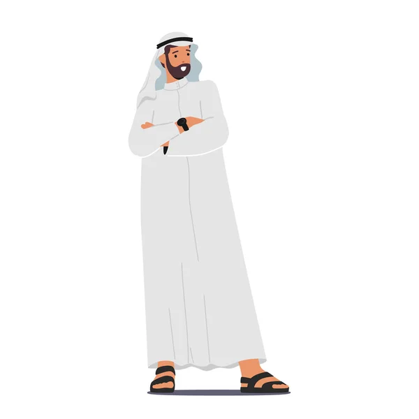Selvsikker Arabisk Muslimsk Forretningsmand Karakter Står Høj Udstråler Selvsikkerhed Klædt – Stock-vektor
