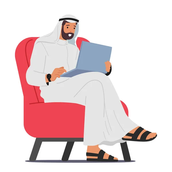 Сосредоточенный Персонаж Арабского Мусульманского Бизнесмена Погруженный Работу Ноутбуками Демонстрирующий Решимость — стоковый вектор