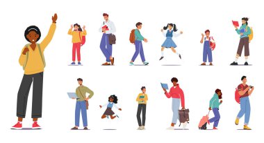 Sınıflar Arasında Sırt çantalı Öğrenciler, Kitaplar ve Malzemeler Taşıma, Sırt çantalı Karakterler ve Omuzların Üzerinde Slung, Öğrenme Sembolü. Çizgi film İnsanları Vektör İllüstrasyonu