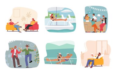 Karakterler alkol ile gevşeyip, sosyal toplantıların tadını çıkarırken Yat, Ev ya da Gece Kulübü 'nde unutulmaz anlar yaratıyor. Çizgi film İnsanları Vektör İllüstrasyonu