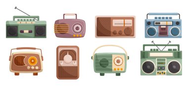 Antika müzik kayıt cihazları Bygone Eras 'ın özünü yakalıyor. Bu Nostaljik Cihazlar Tarihin Zengin Seslerini Korumak İçin Kaset Çalıyor. Teyp ya da radyo seti. Çizgi film Vektör İllüstrasyonu