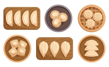 Tahta kaplama ve tahtalarda farklı hamur tatlısı seti. Buharda pişirilmiş, kızartılmış ya da kaynatılmış, içi et, sebze ya da tatlı dolgu malzemeleriyle dolu. Çizgi film Vektör İllüstrasyonu