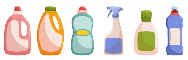 方便的洗涤剂瓶隔离设置 有效的洗浴和清洗任务 清晰的包装使测量和使用变得容易 使轻松轻松 卡通矢量图解 — 图库矢量图片