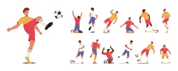 Conjunto Dinámico Personajes Jugadores Fútbol Diferentes Posturas Mostrando Una Habilidad — Archivo Imágenes Vectoriales