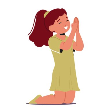 Diz çökmüş, elleri katlanmış, gözleri kapalı, derin dualar içinde, inanç ve saflık sahnesi olan küçük bir kız. Masum çocuk karakteri kendini adamışlık ve saflık hissi yayıyor. Çizgi film İnsanları Vektör İllüstrasyonu