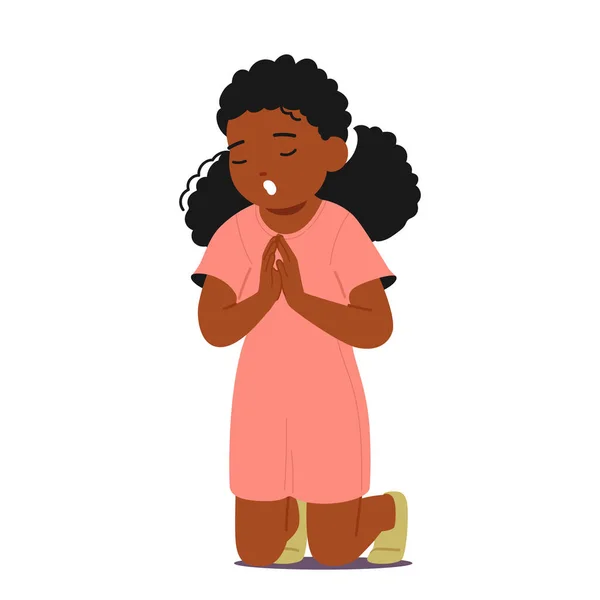 Criança Oração Profunda Personagem Menina Negra Rezando Mostrando Inocência Devoção — Vetor de Stock