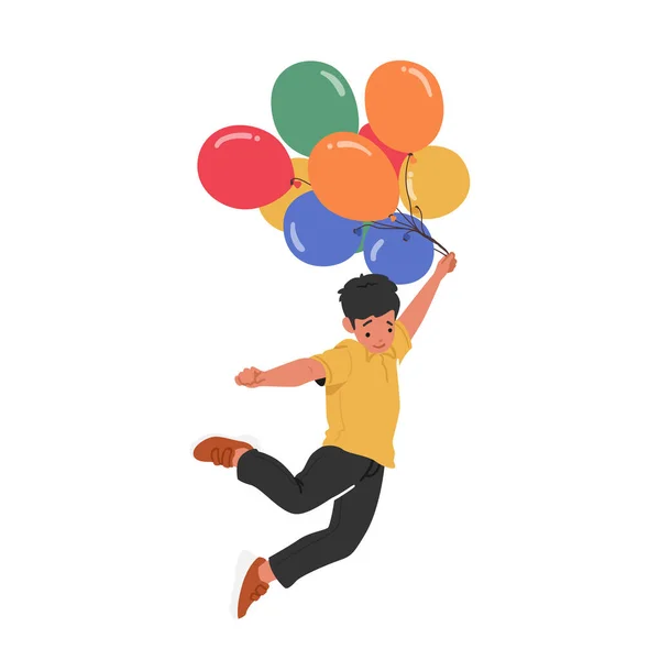 Joyful Kid Boy Character Soars Sky Held Aloft Vibrant Balloons — Stock Vector