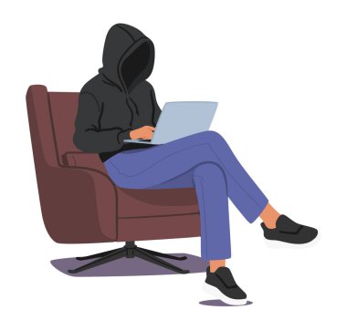 Kapüşonlu adam laptopta gizlice sahte haberler yazıyor, internette güvenilirliği ve gizliliği ile ilgili şüpheler yaratıyor. İsimsiz Karakter Sahteleri Yayıyor. Çizgi film İnsanları Vektör İllüstrasyonu
