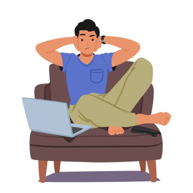 Surat asan Adam, Eller Kulakta, Laptop Sahte Haber Başlığı Gösteriyor. Kendini yanlış bilgilerden koruduğu için yüzündeki hayal kırıklığı ve inanmazlık apaçık ortada. Çizgi film Vektör İllüstrasyonu