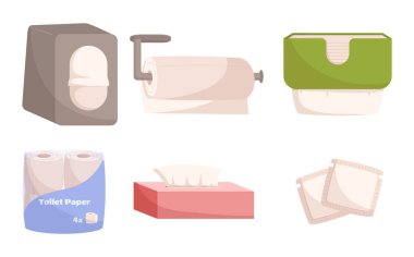 Kişisel Hijyen Eşyalar Ayarlandı. Tuvalet için tuvalet kağıdı, temizlik için mendil ve regl hijyeni için ped. Temizliği ve konforu korumak için temel ürünler. Çizgi film Vektör İllüstrasyonu