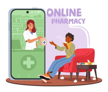 Ailing Woman online eczaneden ilaç sipariş ediyor. Hastalıktan kurtulmak isteyen bir kadın karakteri, çevrimiçi mağaza aracılığıyla evinde rahatça ilaç alışverişi yapıyor,