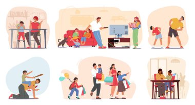 Aile eğlencesi ve aktiviteleri ayarlayın. Ebeveynler ve çocuk karakterleri ödev yapıyor, alışveriş yapıyor, hafta sonları film izliyor spor yapıyor, oğluyla oynuyor. Çizgi film İnsanları Vektör İllüstrasyonu