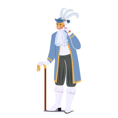 Canlı Venedik maskeli adam, karmaşık detaylar, Venedik zarafeti ve gizeminin özünü yakalayan ayrıntılı maskeler ve zengin kumaşlar içeriyor. Çizgi film Vektör İllüstrasyonu