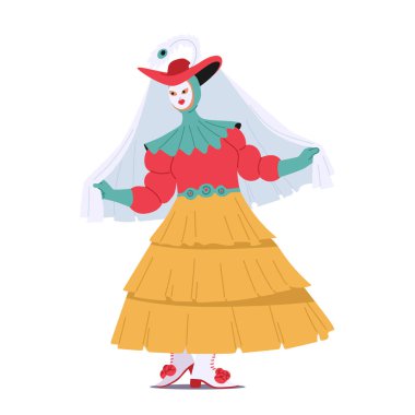 Venedik maskesi içinde zarif bir şekilde süslenmiş, gizemli dantelli, canlı renklerde ve büyüleyici maskeli bir kadın karakteri ortaya çıkıyor. Çizgi film İnsanları Vektör İllüstrasyonu