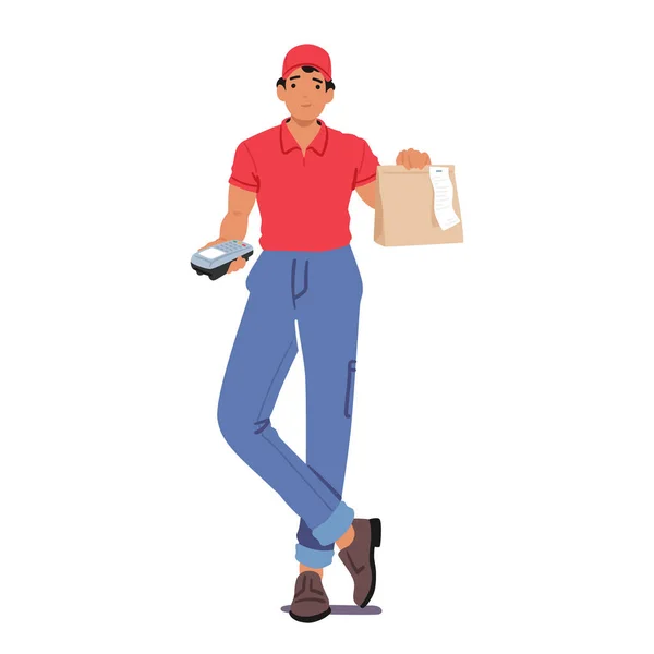 stock vector Courier Character Delivering A Food Package With A Pos Terminal, Ensuring Secure Payments And Efficient Transactions For A Seamless And Convenient Dining Experience. Cartoon People Vector Illustration