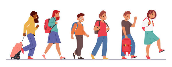 Children Characters Walk With Colorful School Bags Strapped On Their Shoulders, Chatting And Laughing With Friends As They Make Their Way To School In The Morning. Cartoon People Vector Illustration