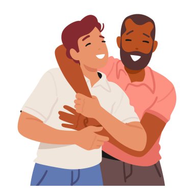 Yetişkin Erkekler Arkadaş Canlısı Kucaklaşma, Olgun Erkek Karakterleri Sıcak Kucaklaşma, Kısa ve Saygıdeğer Bir Fiziksel Hareket ile Arkadaşlık ve Bağlantı. Çizgi film İnsanları Vektör İllüstrasyonu