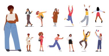 Farklı Kadınlar Koşar, Dans eder, Zıplar ve Neşelenir. Kadın karakterler seksi, gündelik ve resmi kıyafetler giyer, genç kızlar ve kıdemli bayanlar yaşam tarzı ve moda. Çizgi film İnsanları Vektör İllüstrasyonu