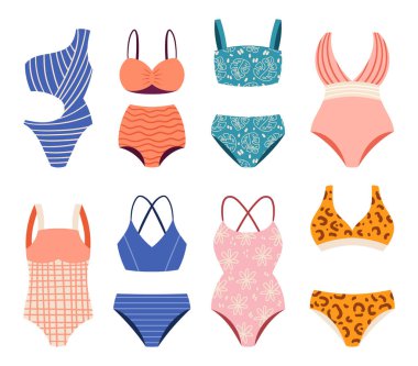 Rahat ve güven için tasarlanmış şık kadın mayoları. Çeşitli stiller, renkler ve desenler mevcut, her vücut tipi ve plaj gezisi için mükemmel bir uyum sağlıyor. Çizgi film Vektör İllüstrasyonu