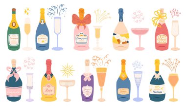 Özel durumları kutlamak için kadehli zarif şampanya şişeleri sofistike ve şenlikli bir atmosfer oluşturun. Bir set köpüklü şarap ve şarap kadehi. Çizgi film Vektör İllüstrasyonu