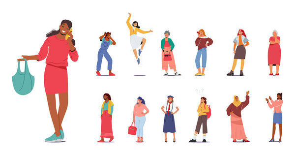 Set of Different Women. Multiethnic Female Characters, African, Arab, Caucasian Girls and Old Ladies, Student, Schoolgirl, Muslim, Senior, Slim and Plus Size Cartoon People. Vector Illustration