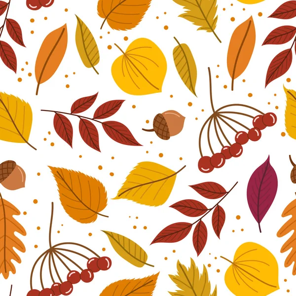 Charming Seamless Pattern Adorned Golden Autumn Leaves Berries Acorns Creating — Stock Vector