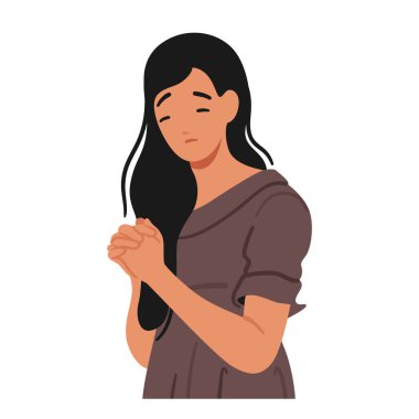 Sessizce dua eden kadın, dua eden eller, gözlerini kapatmış, Solace 'i arayan ve İlahi ile bağlantı kuran kadın. Tecrit edilmiş kadın karakter Tanrı 'ya şükrediyor. Çizgi film İnsanları Vektör İllüstrasyonu