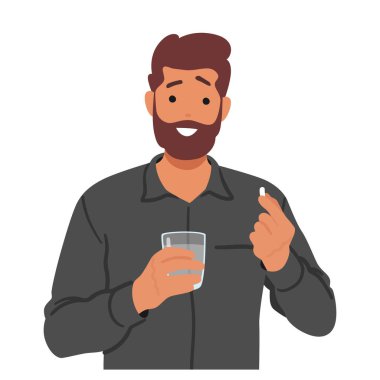 Yetişkin erkek karakter, bir hap ve bir su bardağını tüketime hazır hale getirir. Bir karar anı, dengedeki sağlık. Bakımın ve refahın sembolü. Çizgi film İnsanları Vektör İllüstrasyonu