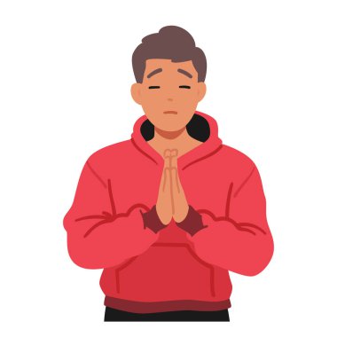 Genç adam dua ederken eğiliyor, gözleri kapalı, elleri sımsıkı bağlı, dindarlık ve umudun portresi dingin yüzünden uzaklaşıyor. Erkek Karakteri Dua Ediyor. Çizgi film İnsanları Vektör İllüstrasyonu