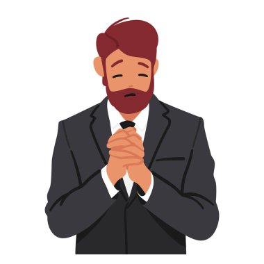 Yetişkin Erkek Karakteri Dua Ediyor. Olgun bir adam, gözleri kapalı, avuç içleri dua ederek birbirine bastırılmış, hürmetkar anında bağlılık ve içgüdü hissi yayıyor. Çizgi film İnsanları Vektör İllüstrasyonu