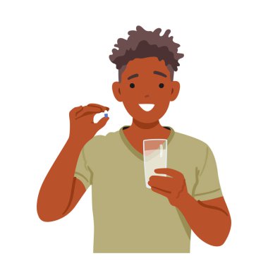 Elinde hapla hazırlanmış genç bir adam, onu temiz bir bardak suyla birleştirmeye hazır, ilaç alma eylemini teşvik ediyor. Uyuşturuculu Siyah Erkek Karakteri. Çizgi film İnsanları Vektör İllüstrasyonu