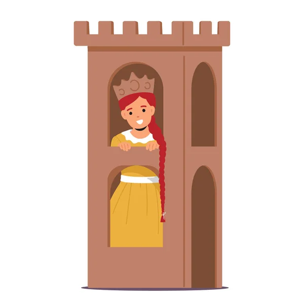 Imaginative Girl Character Reigns Cardboard Castle Princess Her Creativity Crown — Vector de stock