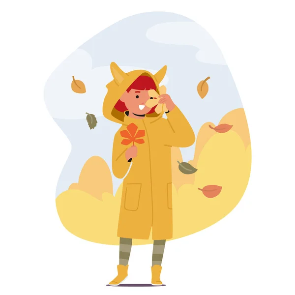 Personagem Menina Brincando Alegremente Com Uma Cascata Folhas Outono Coloridas — Vetor de Stock