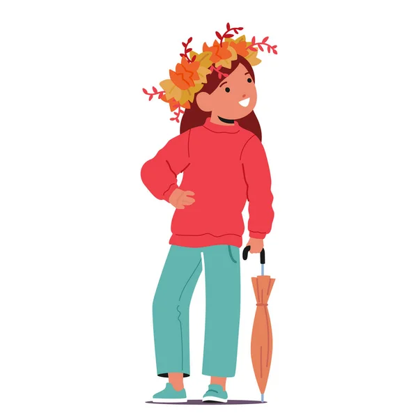 Menina Vestindo Uma Coroa Folhas Outono Coloridas Graciosamente Com Guarda — Vetor de Stock