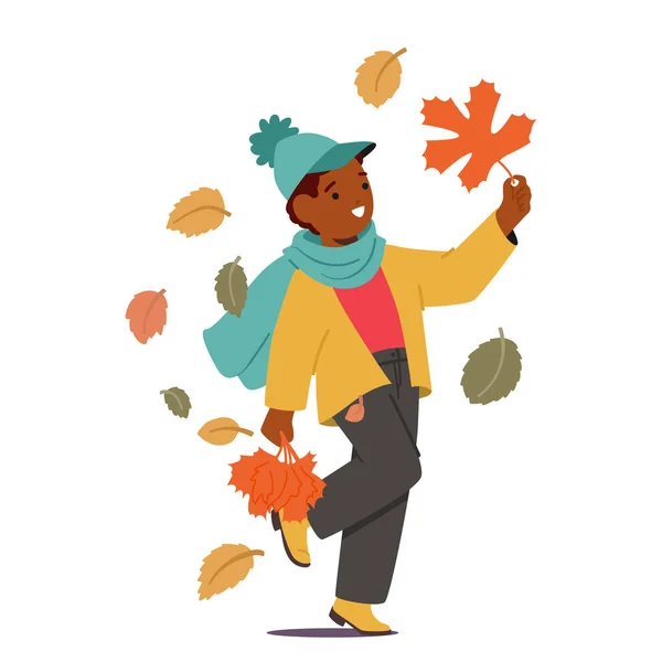 Little Boy Character Strolling Handful Vibrant Autumn Leaves His Hands — Stock Vector
