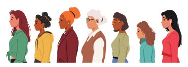 Zarif Profil 'te Kadınlar Duruyor, Özenli, GüçIü, Genç, Genç, Yetişkin ve Kıdemli Kadın Karakterler Sıraya diziliyor, Kadınlığın Zamansız Portresini Gösteriyorlar. Çizgi film İnsanları Vektör İllüstrasyonu