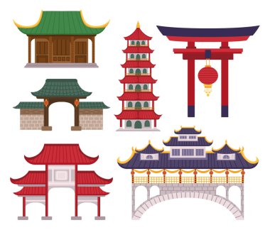 Karmaşık detaylar ve canlı renkler ile Asya Geleneksel Yapıları, Uyumlu Tarih ve Kültür. Doğu Pagoda, Kule ve Gates. Çizgi film Vektör İllüstrasyonu