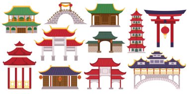 Büyüleyici Asya Geleneksel Binaları Zengin Kültür Mirasını Karmaşık Mimari ve Canlı Renklerle Gösteriyor. Çin, Japon ya da Kore İnşaat. Çizgi film Vektör İllüstrasyonu